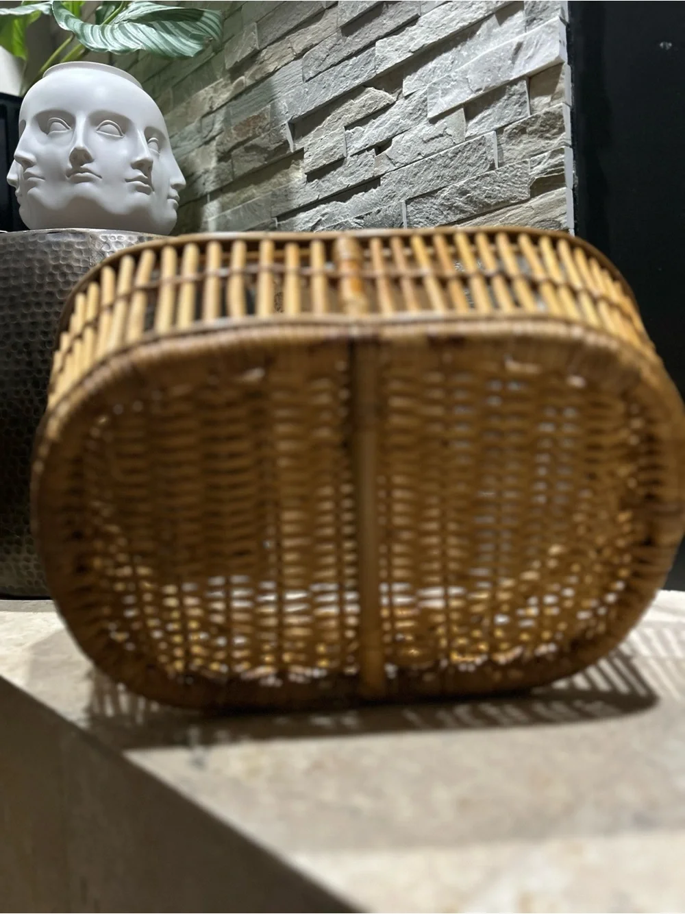 Vintage Bent Bamboo and  Natural Rattan Handled Basket